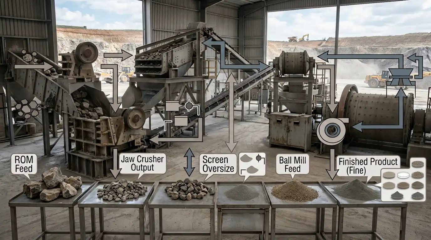 Mineral processing line showing particle sizes from coarse rock to fine powder