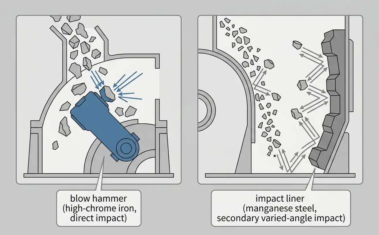 PF impact crusher blow hammer and impact liner material comparison