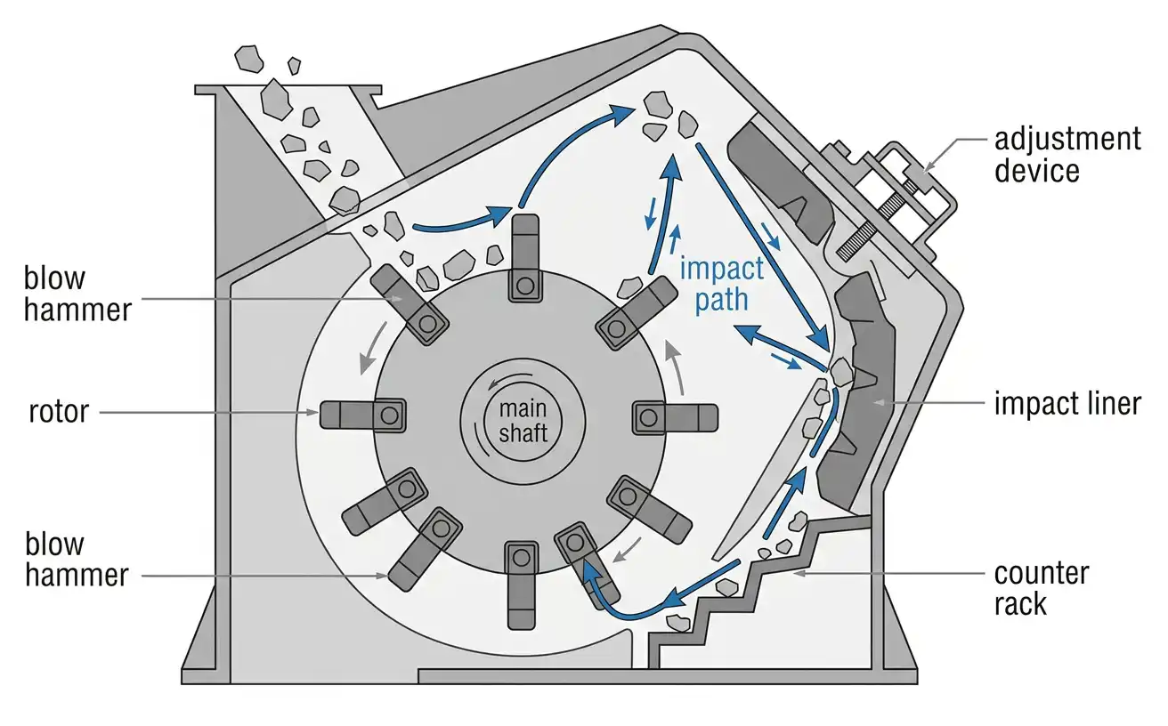 PF impact crusher working principle showing rotor, blow hammer, and impact liner path