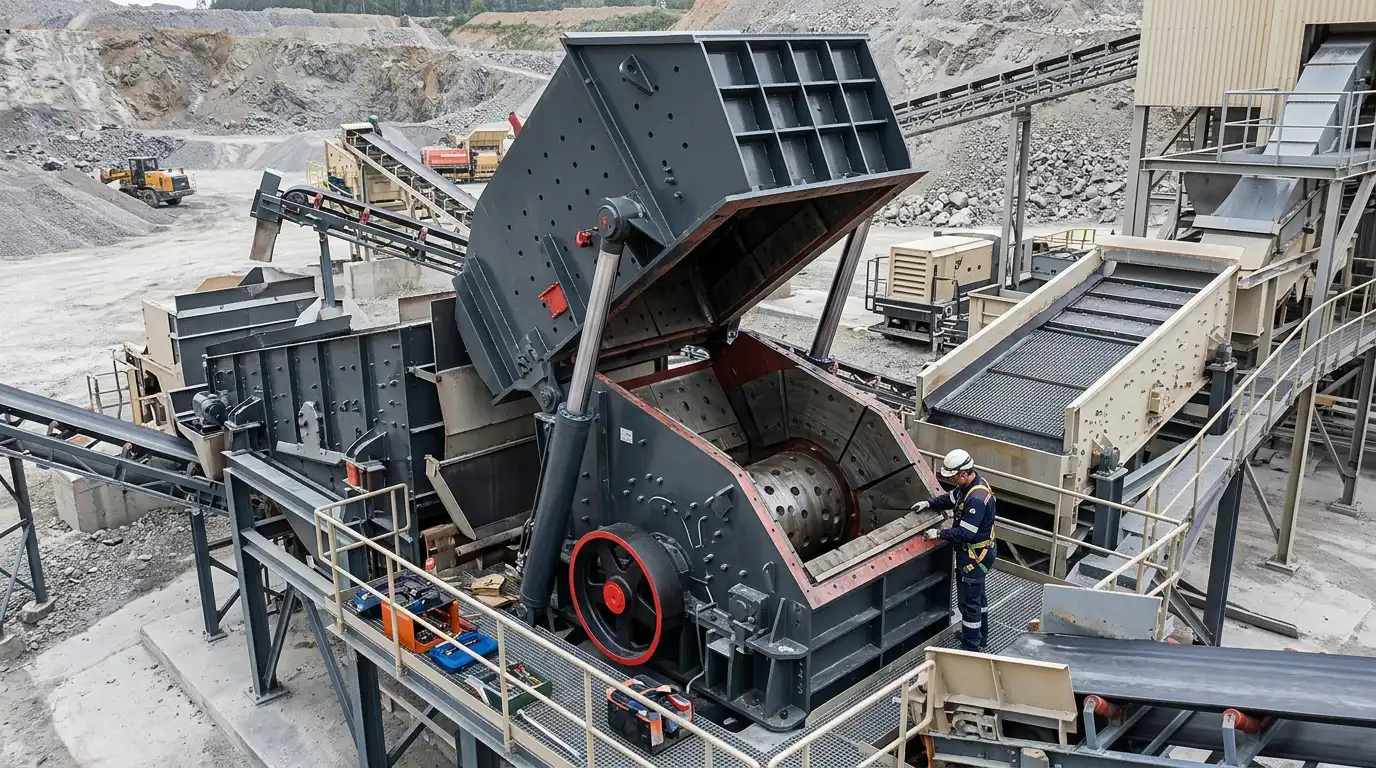 PFW hydraulic impact crusher with upper frame raised for maintenance access