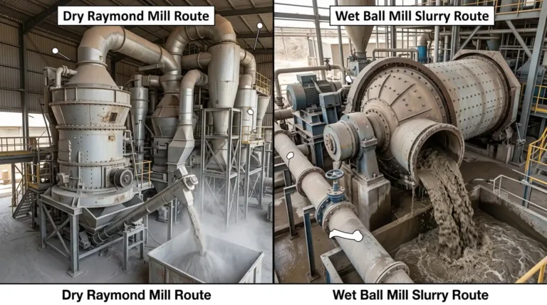 Dry Raymond mill phosphate powder compared to wet ball mill phosphate slurry feeding a reactor
