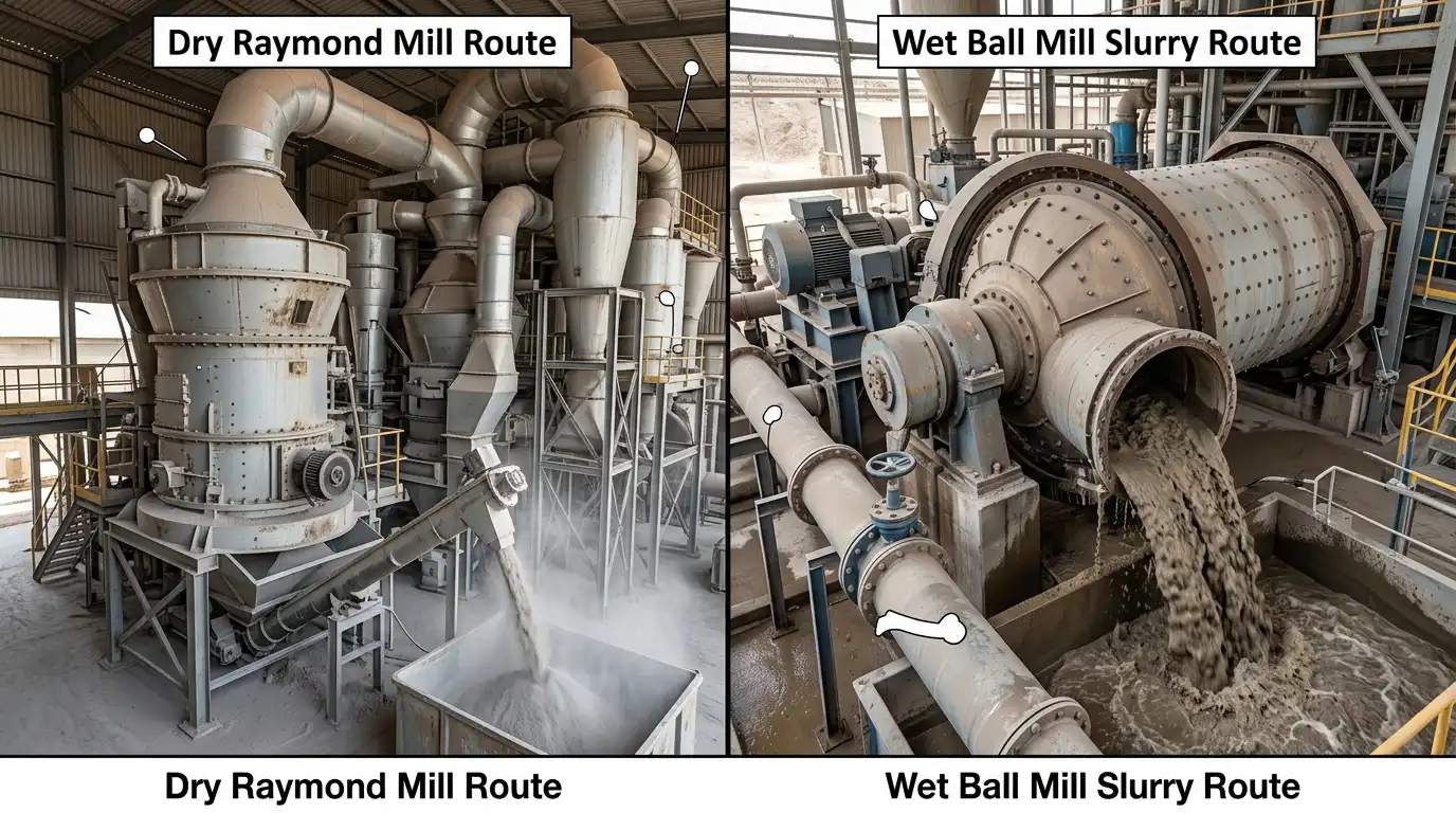 Dry Raymond mill phosphate powder compared to wet ball mill phosphate slurry feeding a reactor