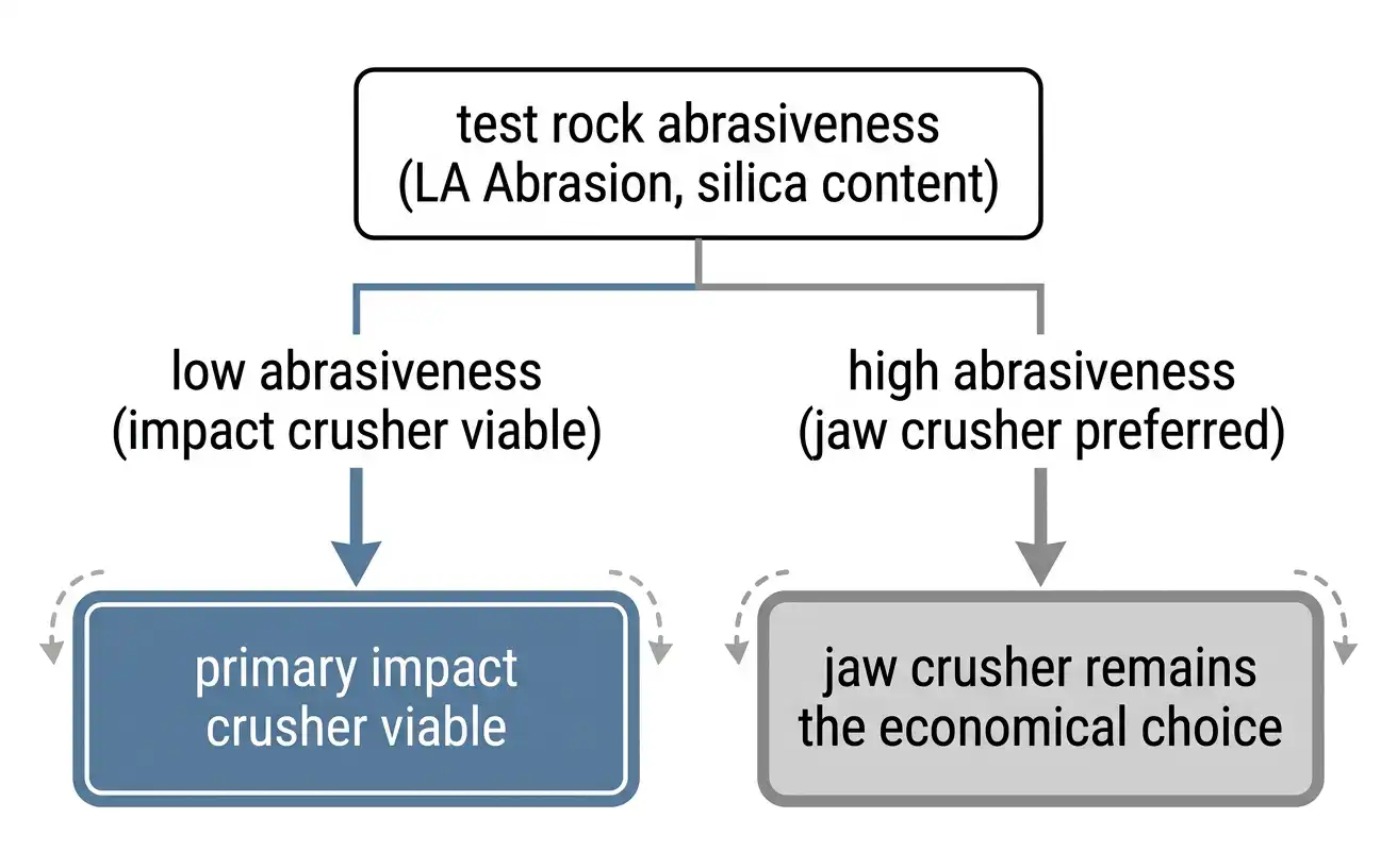 Decision flowchart for choosing a primary impact crusher versus a jaw crusher based on rock abrasiveness testing