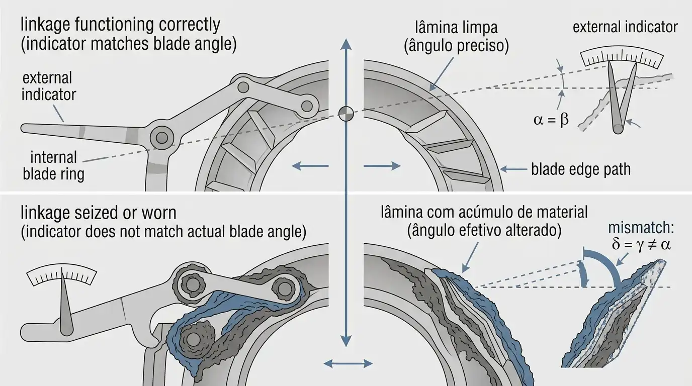 Functioning adjustment linkage compared to a seized linkage where the external indicator no longer matches the actual blade angle
