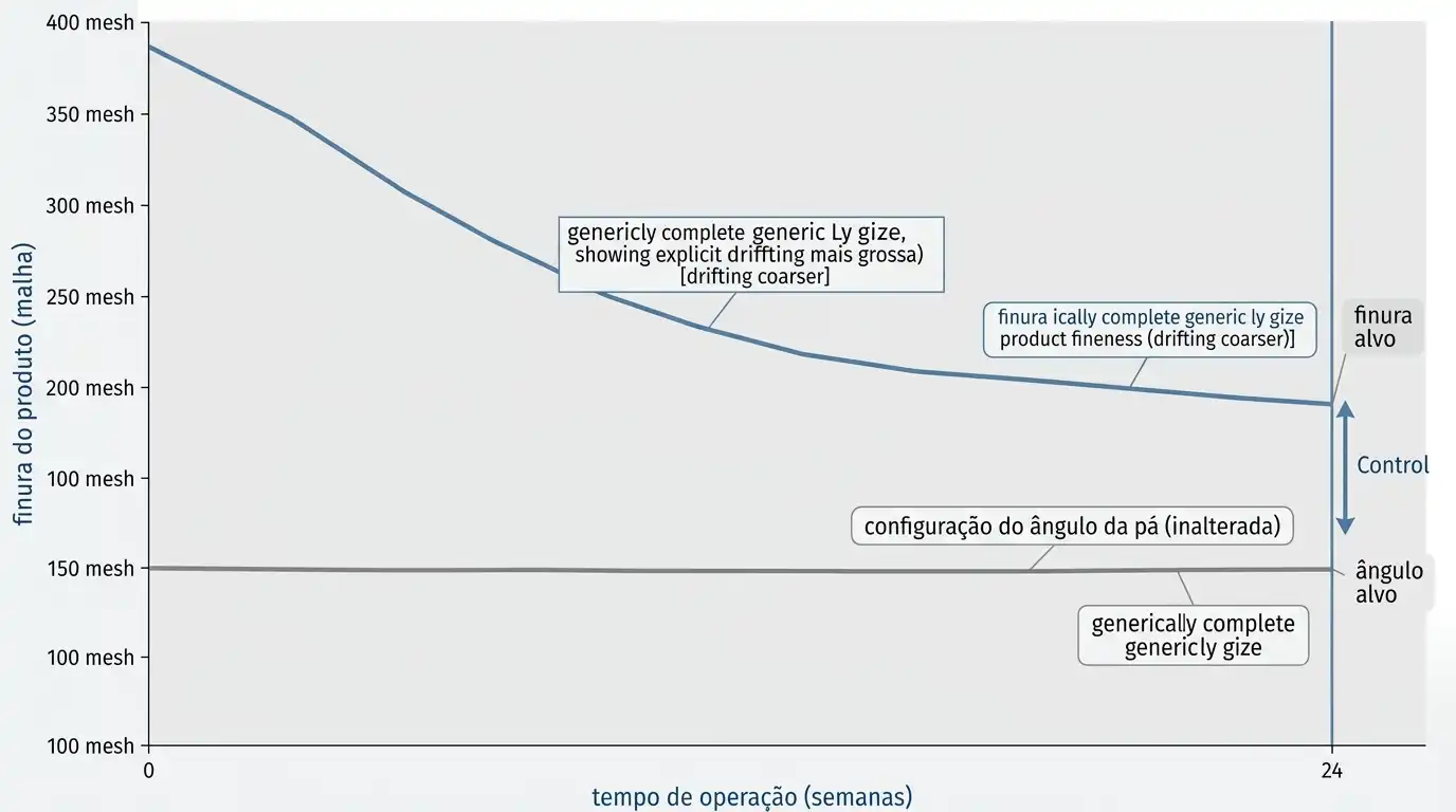 Product fineness drifting coarser over weeks of operation while the blade angle setting stays unchanged