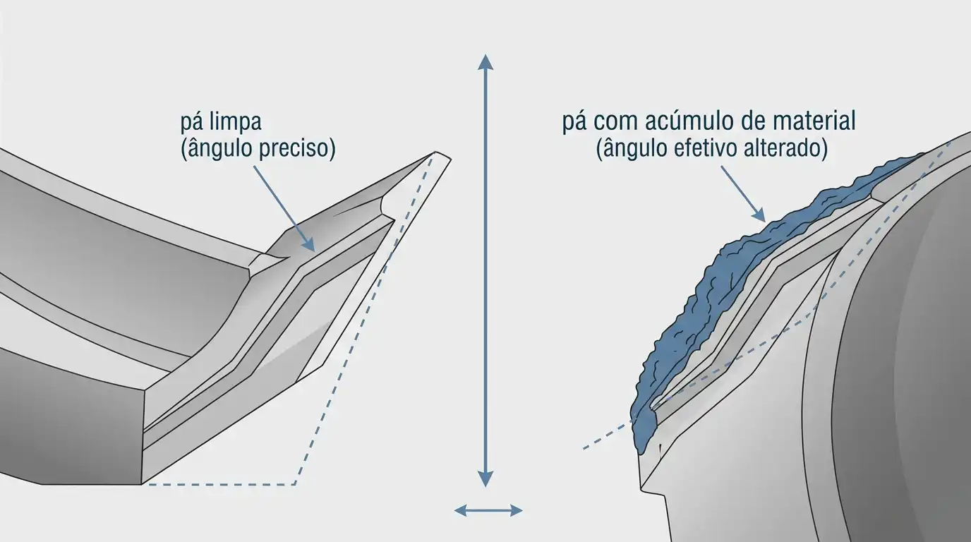 Clean separator blade compared to one coated with material buildup altering its effective angle