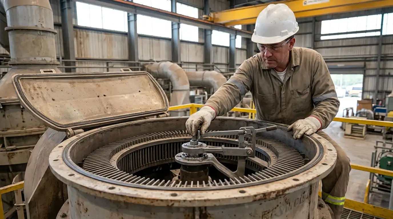 Technician inspecting the static separator blade ring and adjustment mechanism on a heavy-duty Raymond mill