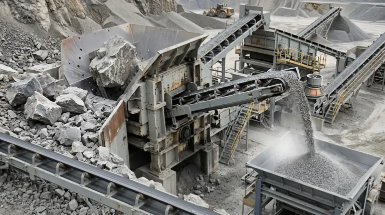 Large feed rock compared to smaller crushed product at a crusher discharge