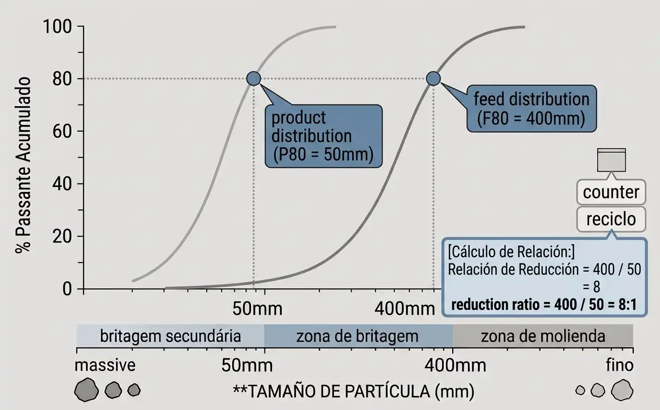 Worked example showing F80 of 400mm divided by P80 of 50mm equals a reduction ratio of 8 to 1