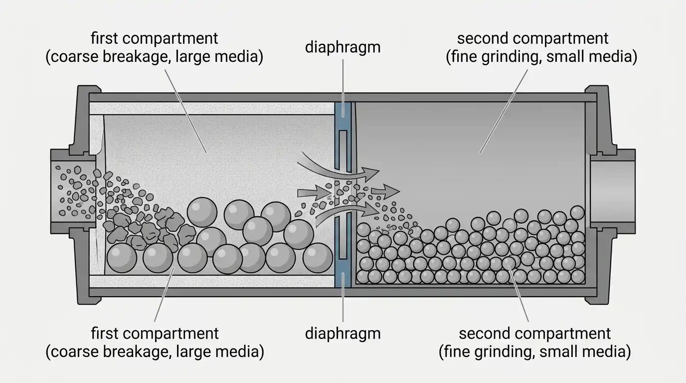 Two-compartment cement ball mill cutaway showing a diaphragm separating coarse and fine grinding chambers