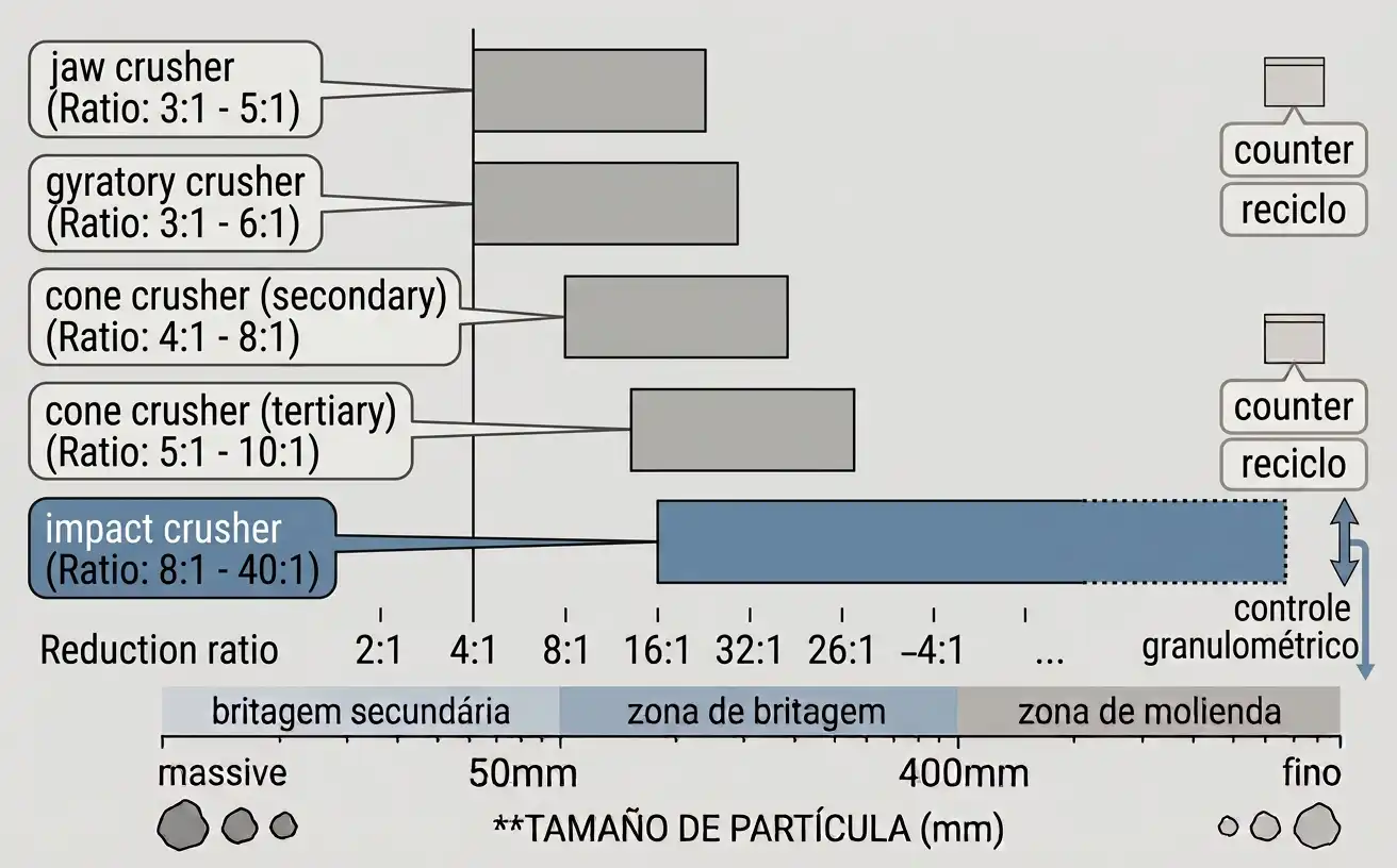 Bar chart comparing typical reduction ratio ranges for jaw, gyratory, cone, and impact crushers