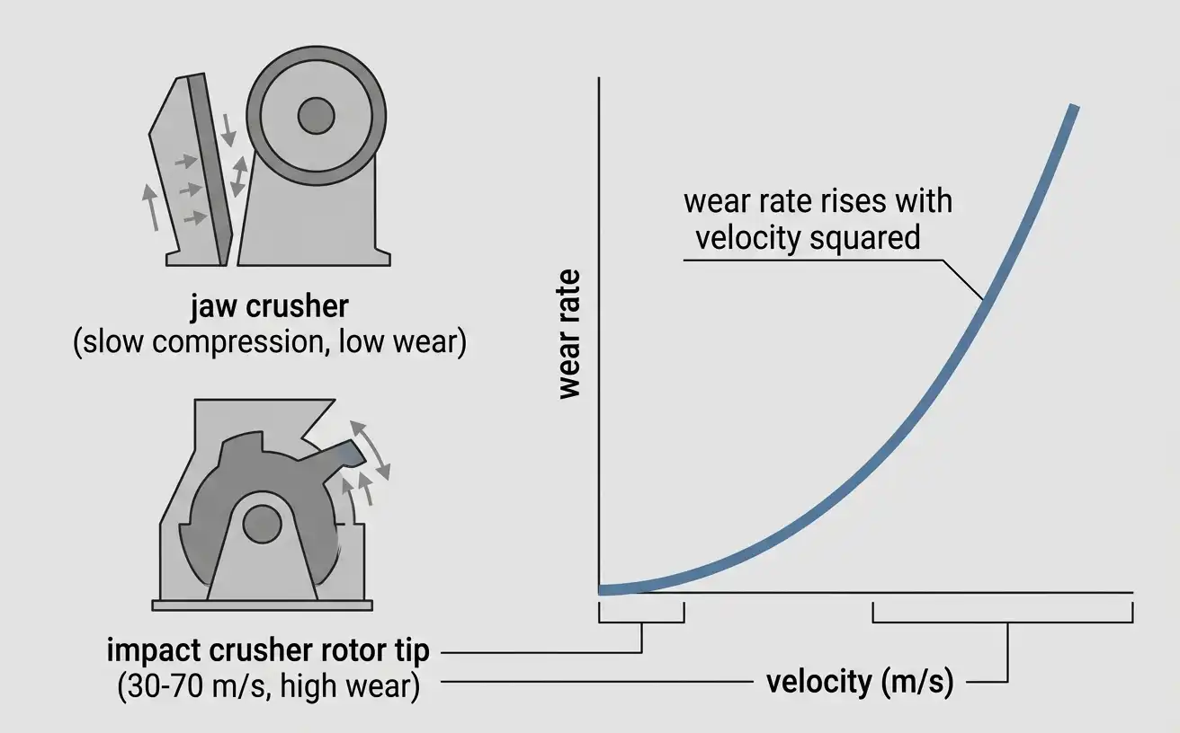 Wear rate rising with the square of contact velocity, comparing jaw crusher and impact crusher rotor speeds