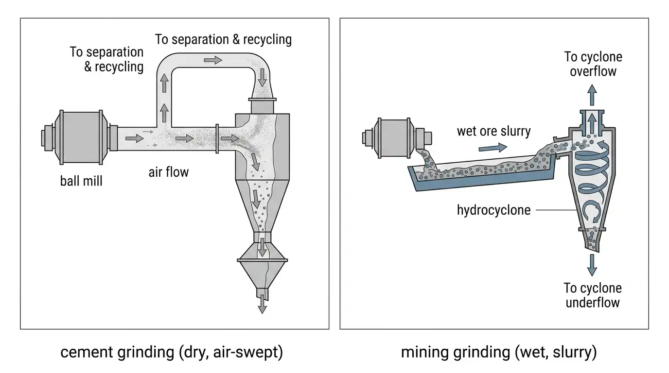 Dry air-swept cement grinding compared to wet slurry mineral grinding
