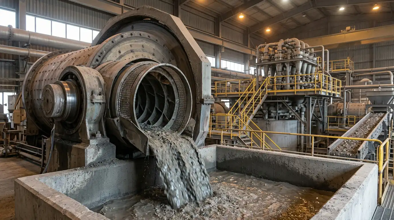 Discharge end of a wet ball mill in a concentrator