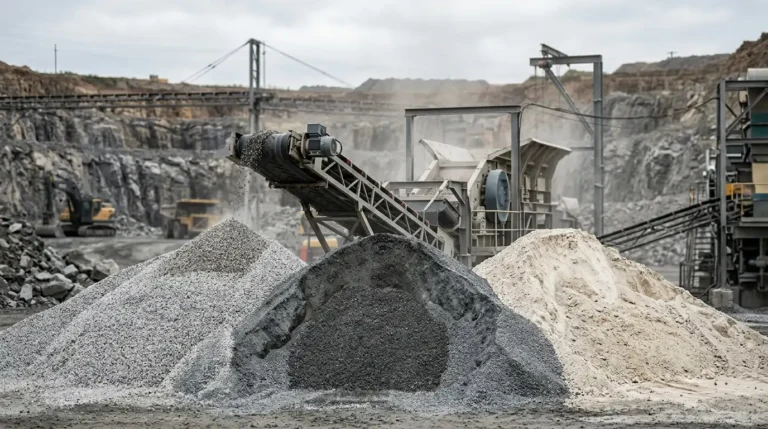 Stockpiles of crushed granite, basalt and limestone at a quarry crushing plant