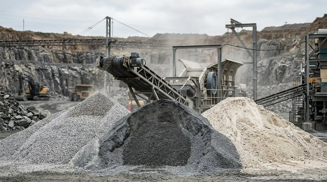 Stockpiles of crushed granite, basalt and limestone at a quarry crushing plant
