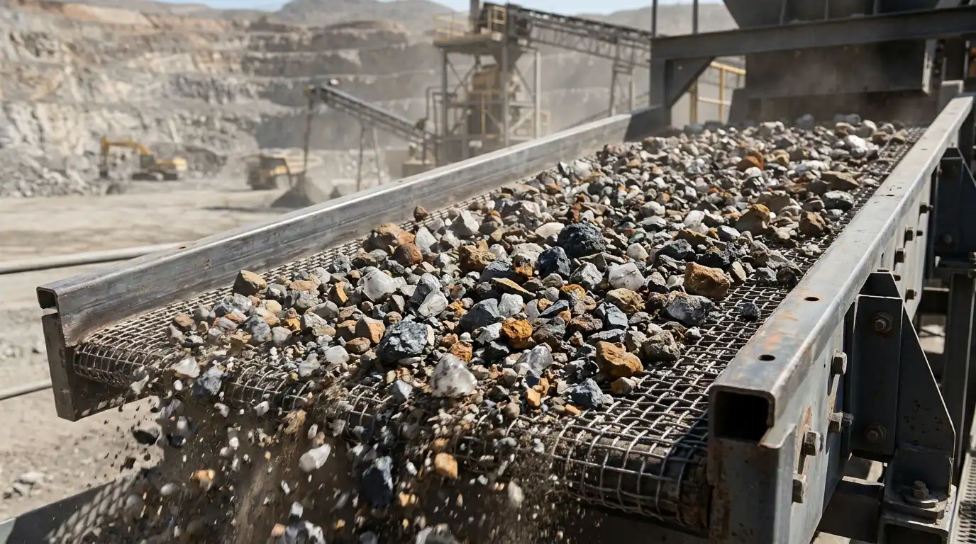 Crushed ore particles of mixed minerals on a screen