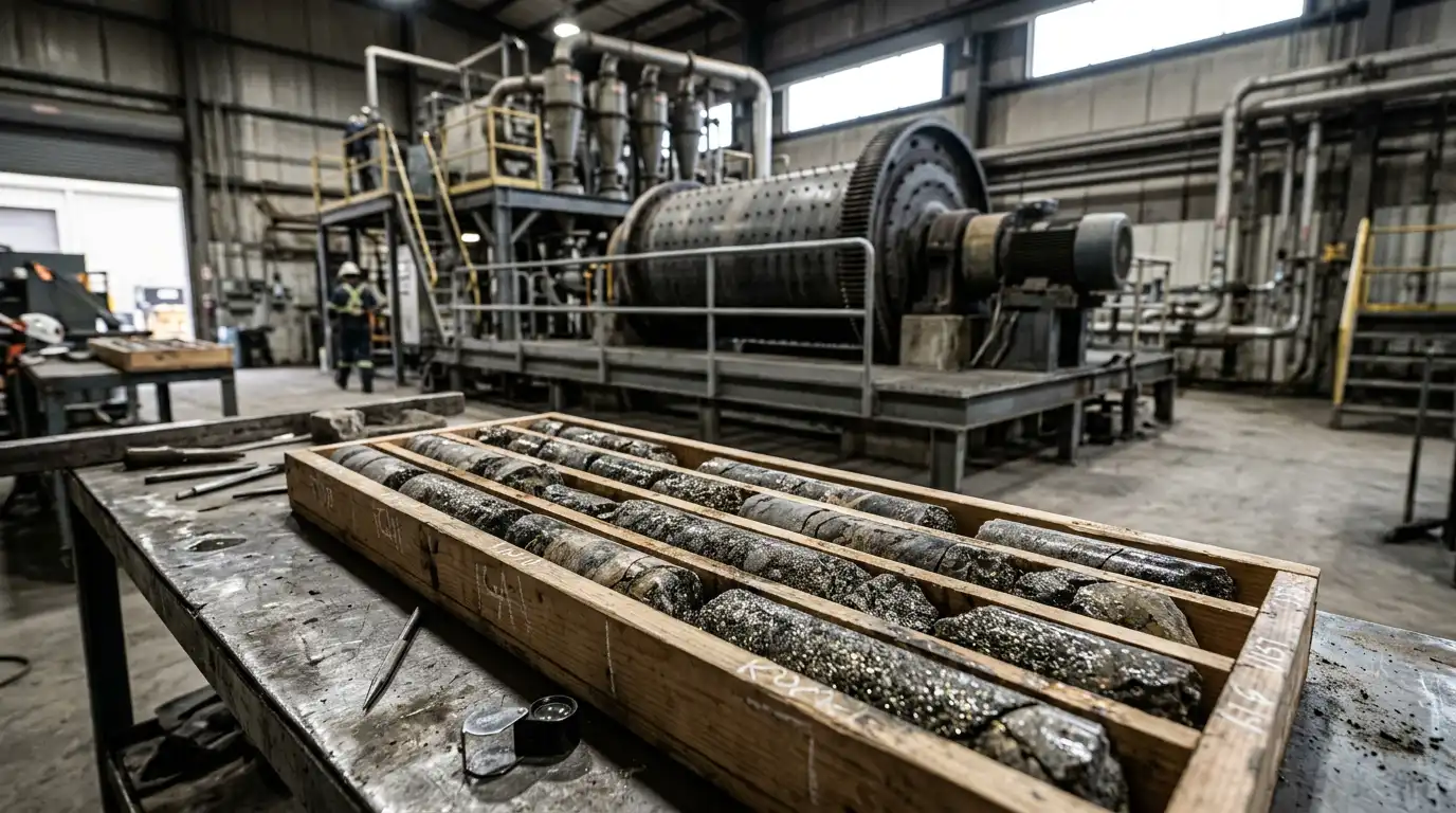 Drill core samples in front of a ball mill circuit