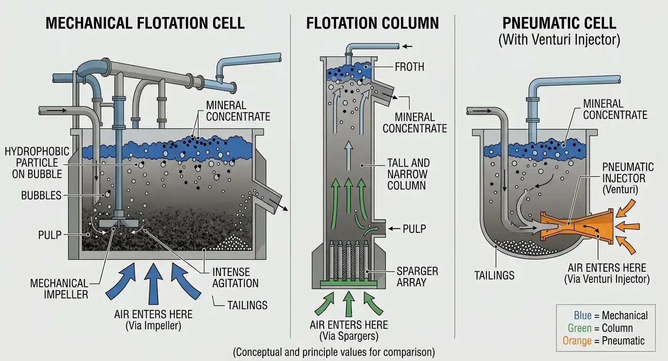 Side-by-side diagram comparing mechanical, column, and pneumatic flotation cell designs