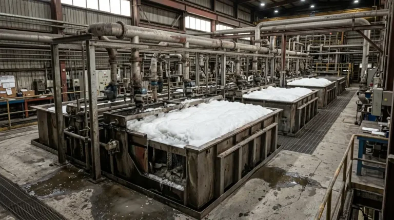 Bank of mechanical froth flotation cells with visible mineral froth in a processing plant