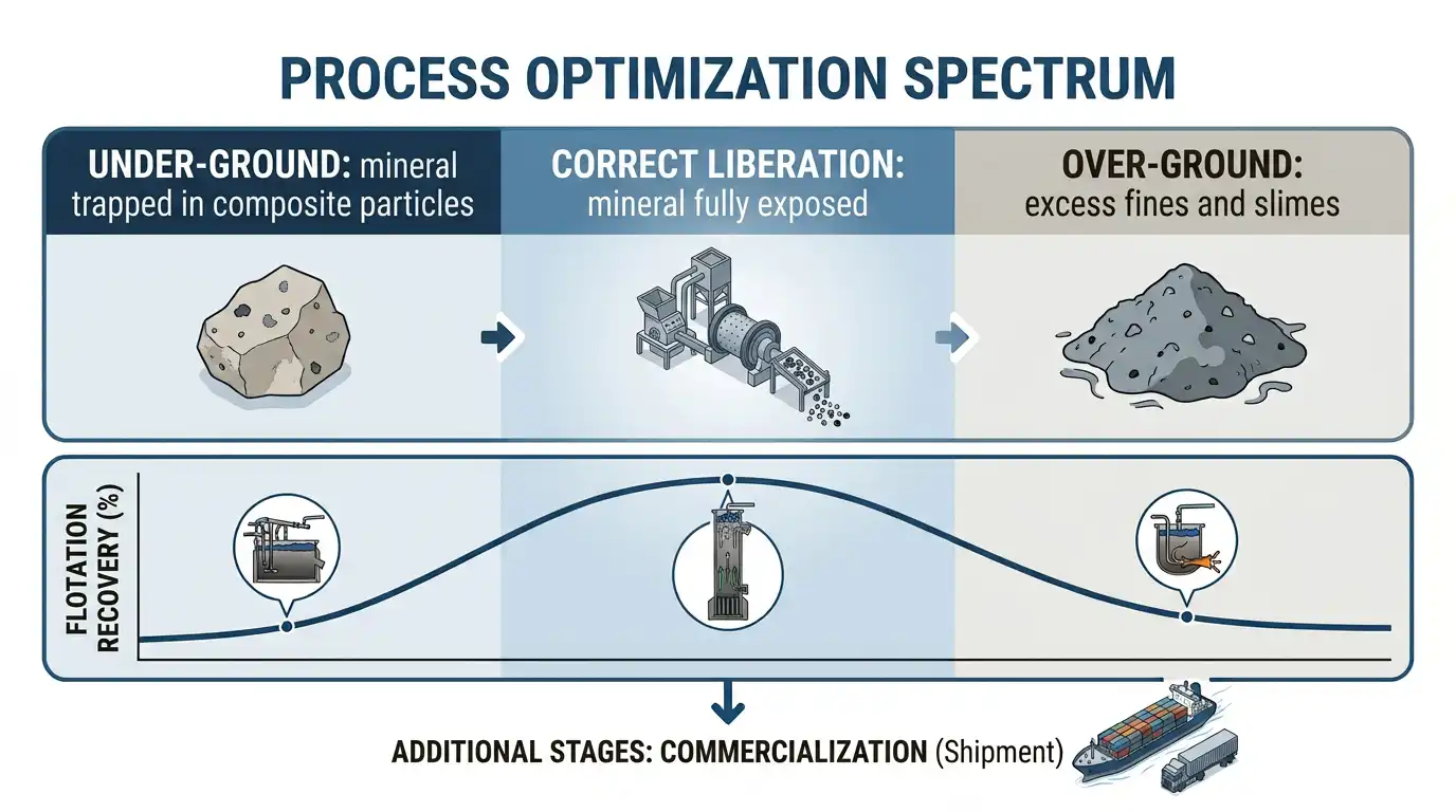 Infographic showing how under-grinding and over-grinding both reduce flotation recovery compared to correctly liberated mineral
