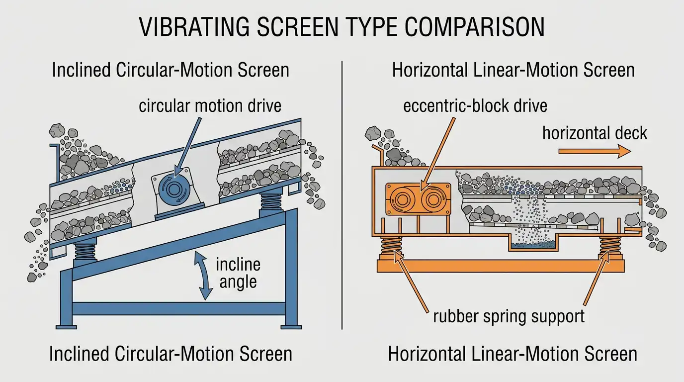 Side-by-side diagram comparing an inclined circular-motion vibrating screen and a high-speed linear vibrating screen