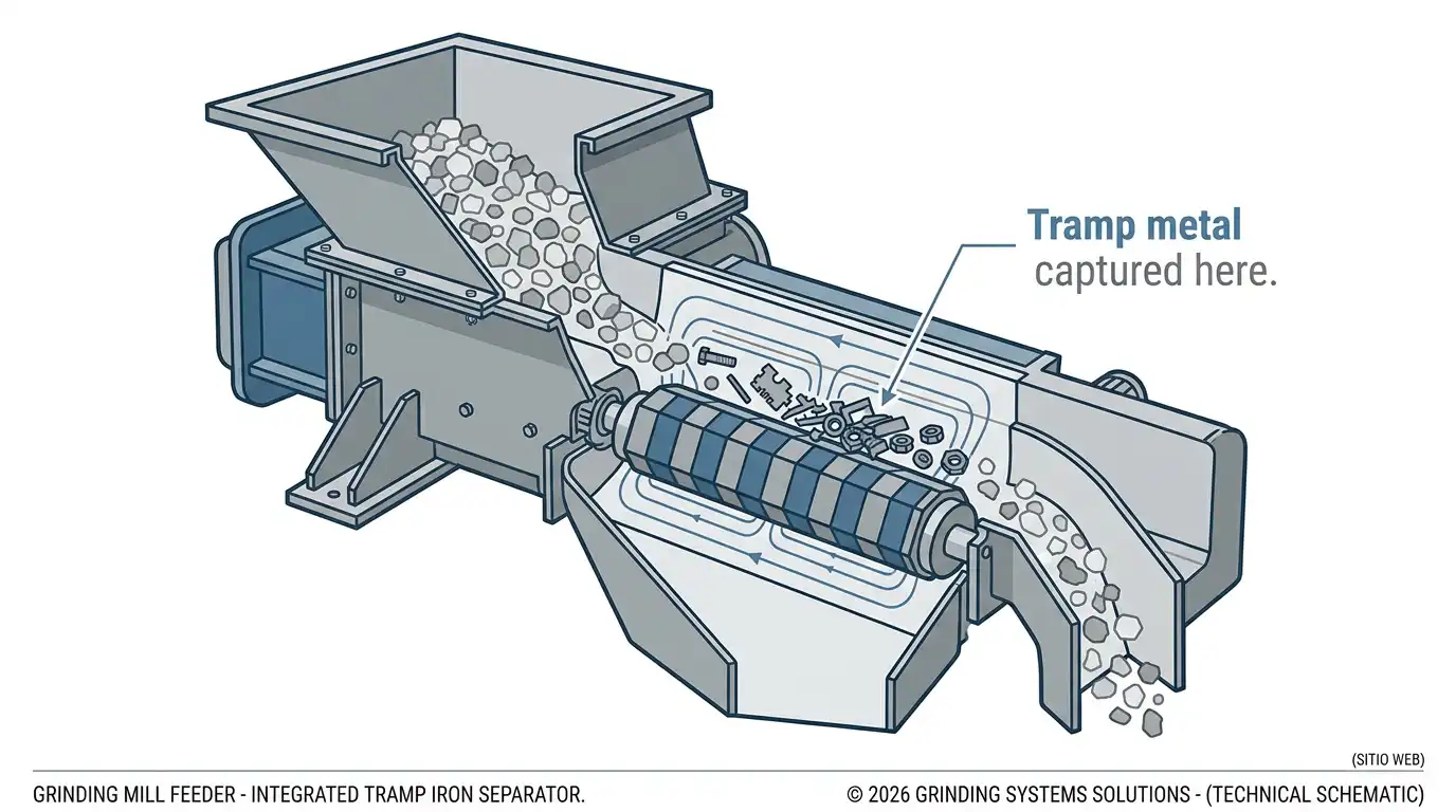 Technical cutaway showing an integrated magnet roller inside a grinding mill feeder removing tramp metal