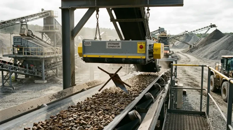 Overband magnetic separator lifting a tramp metal fragment from crushed rock on a conveyor belt