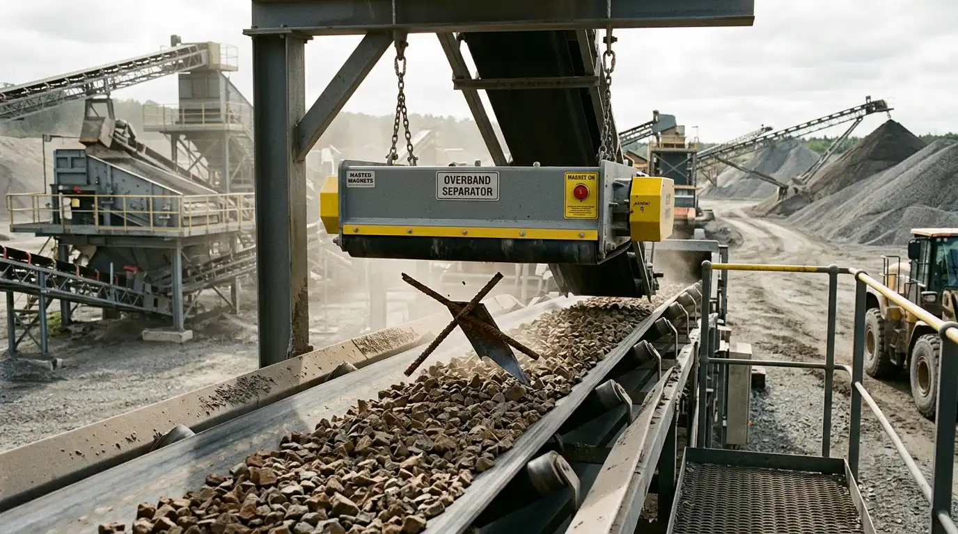 Overband magnetic separator lifting a tramp metal fragment from crushed rock on a conveyor belt