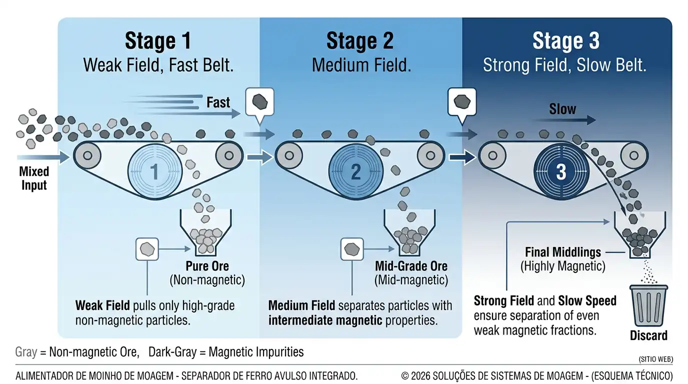 Flow diagram of a three-stage magnetic separator circuit with increasing field strength and decreasing belt speed