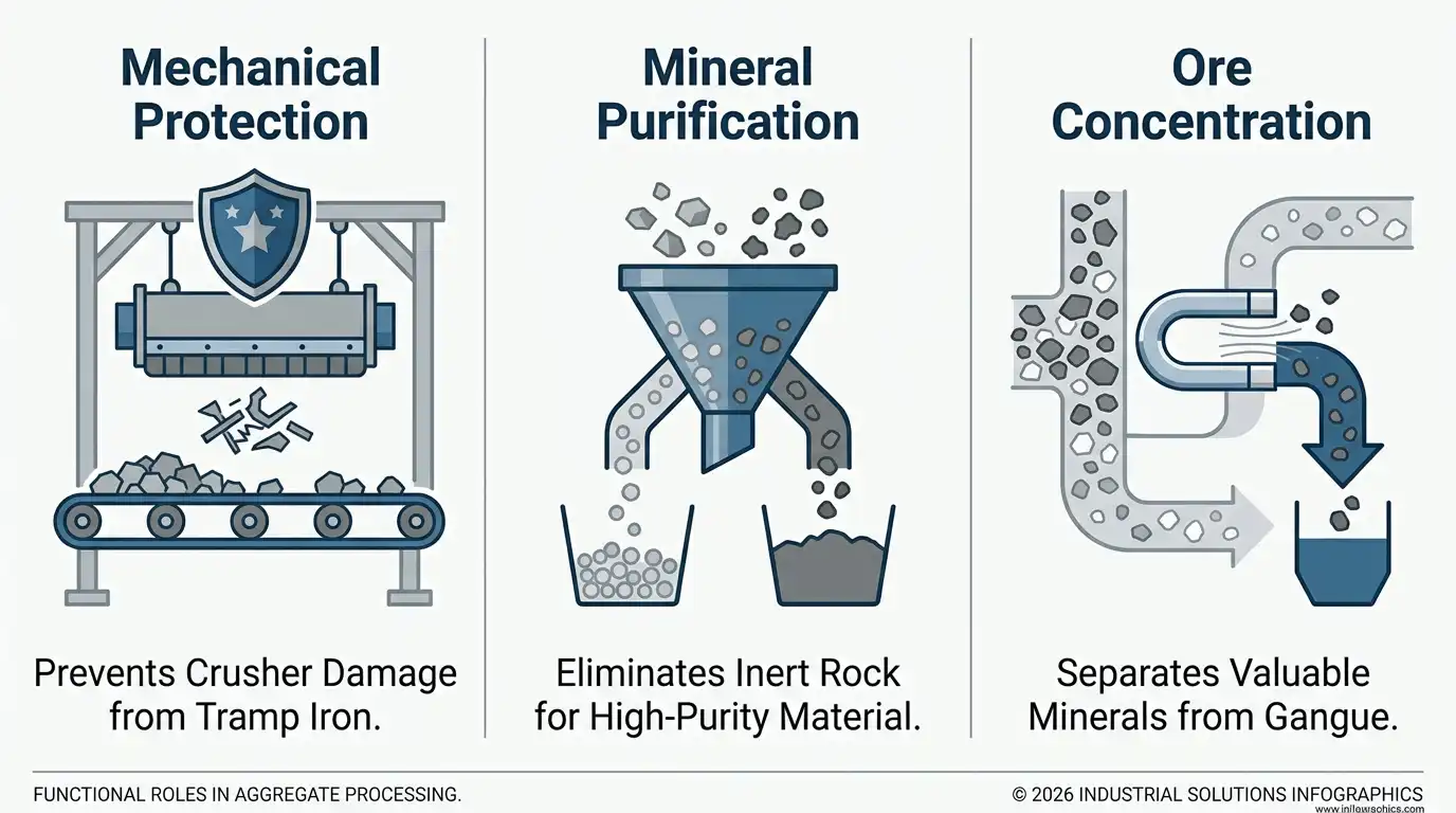 Infographic comparing three magnetic separator applications: mechanical protection, mineral purification, and ore concentration