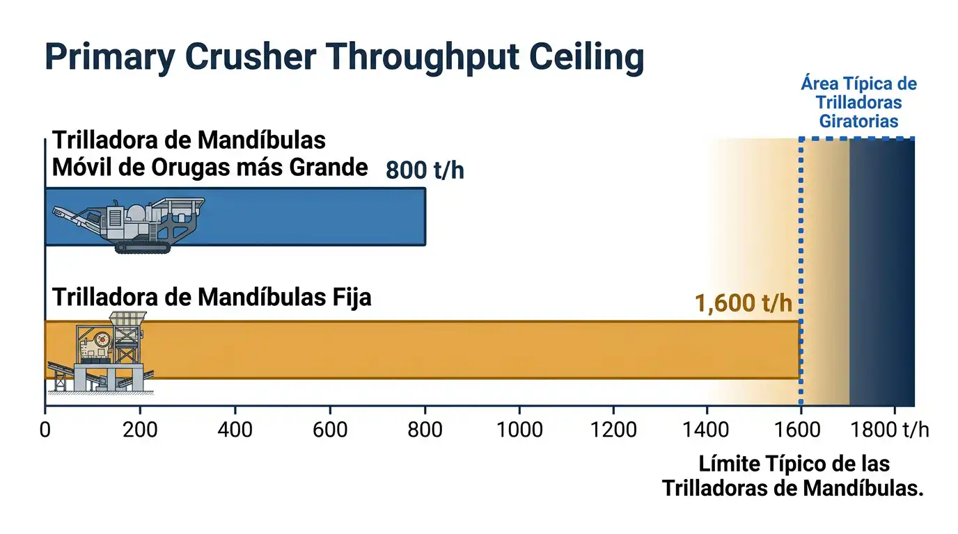 Bar chart showing the throughput ceiling of mobile tracked jaw crushers compared with stationary jaw crushers