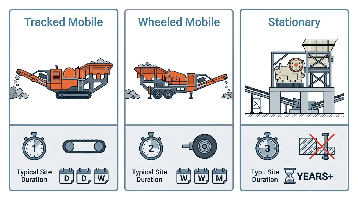 Infographic comparing tracked mobile, wheeled mobile, and stationary jaw crusher setup time and relocation method