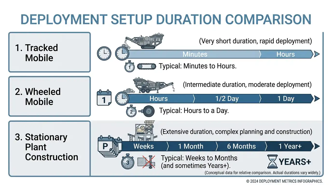 Timeline infographic comparing setup duration for tracked mobile, wheeled mobile, and stationary jaw crusher deployment