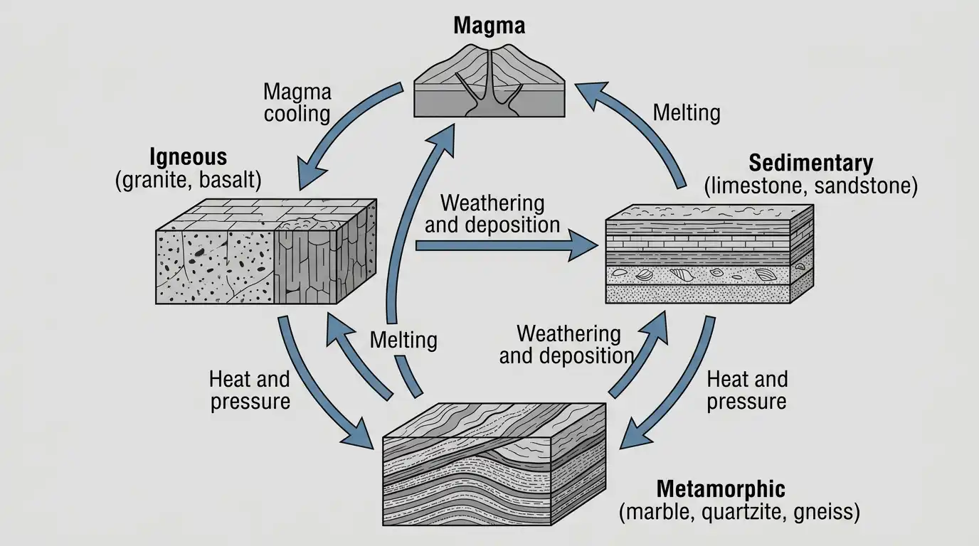 Rock cycle diagram showing how igneous, sedimentary and metamorphic rocks form