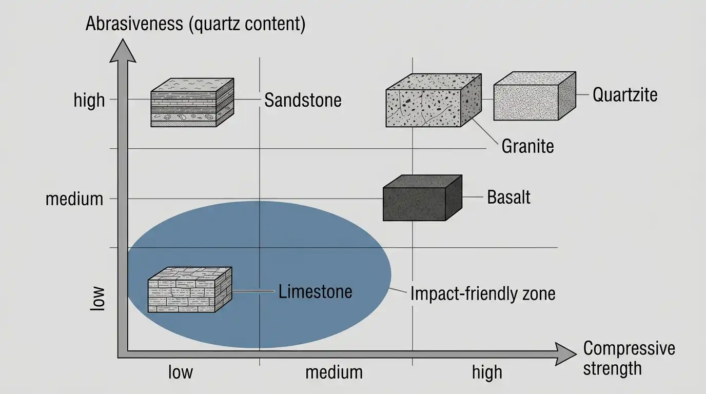 Chart comparing rock compressive strength and abrasiveness for crusher selection