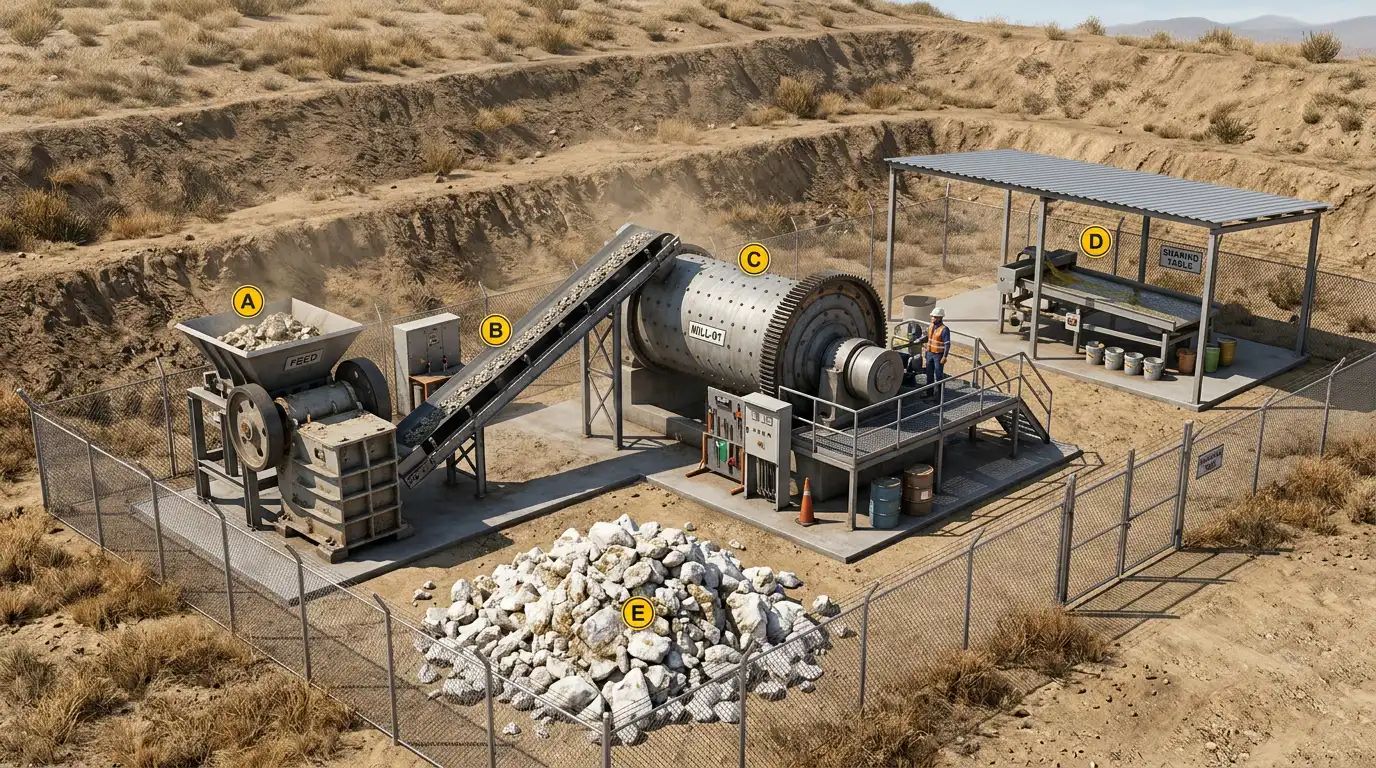 Small gold ore plant with jaw crusher and mill
