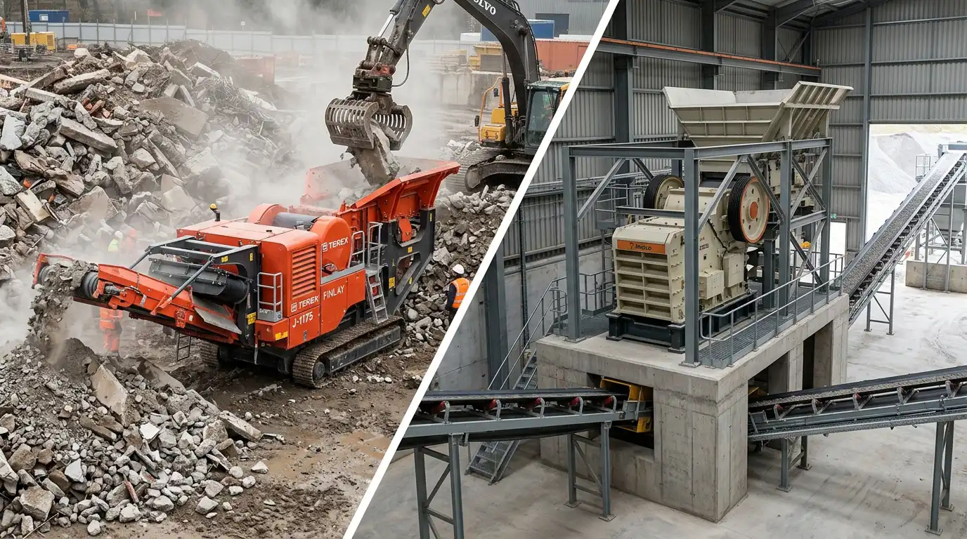 Split comparison of a tracked mobile jaw crusher at a demolition site and a stationary jaw crusher in a permanent quarry plant