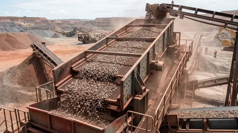 Inclined multi-deck vibrating screen separating crushed stone at an aggregate plant