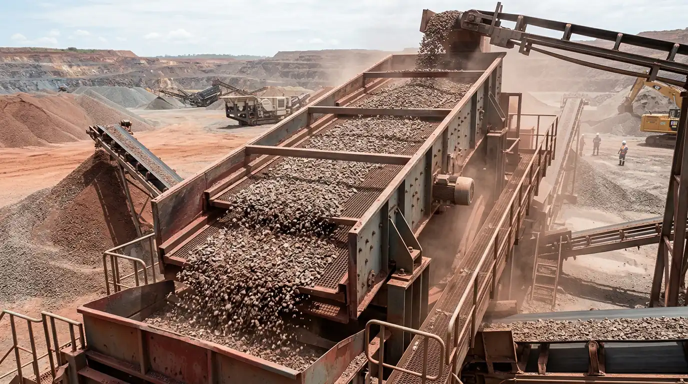 Inclined multi-deck vibrating screen separating crushed stone at an aggregate plant