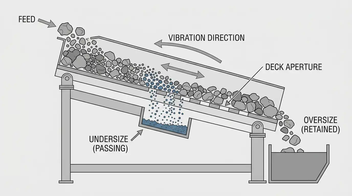 Cutaway diagram of a vibrating screen deck showing undersize particles passing and oversize particles retained